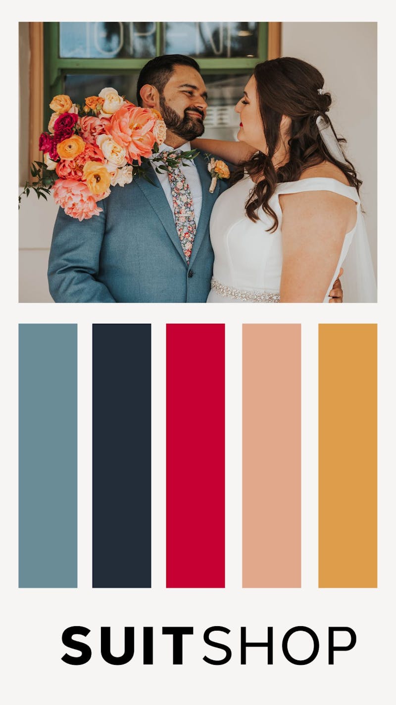Wedding inspiration color palette for 2023 featuring light blue-gray, navy blue, magenta, light peach, and honey gold.