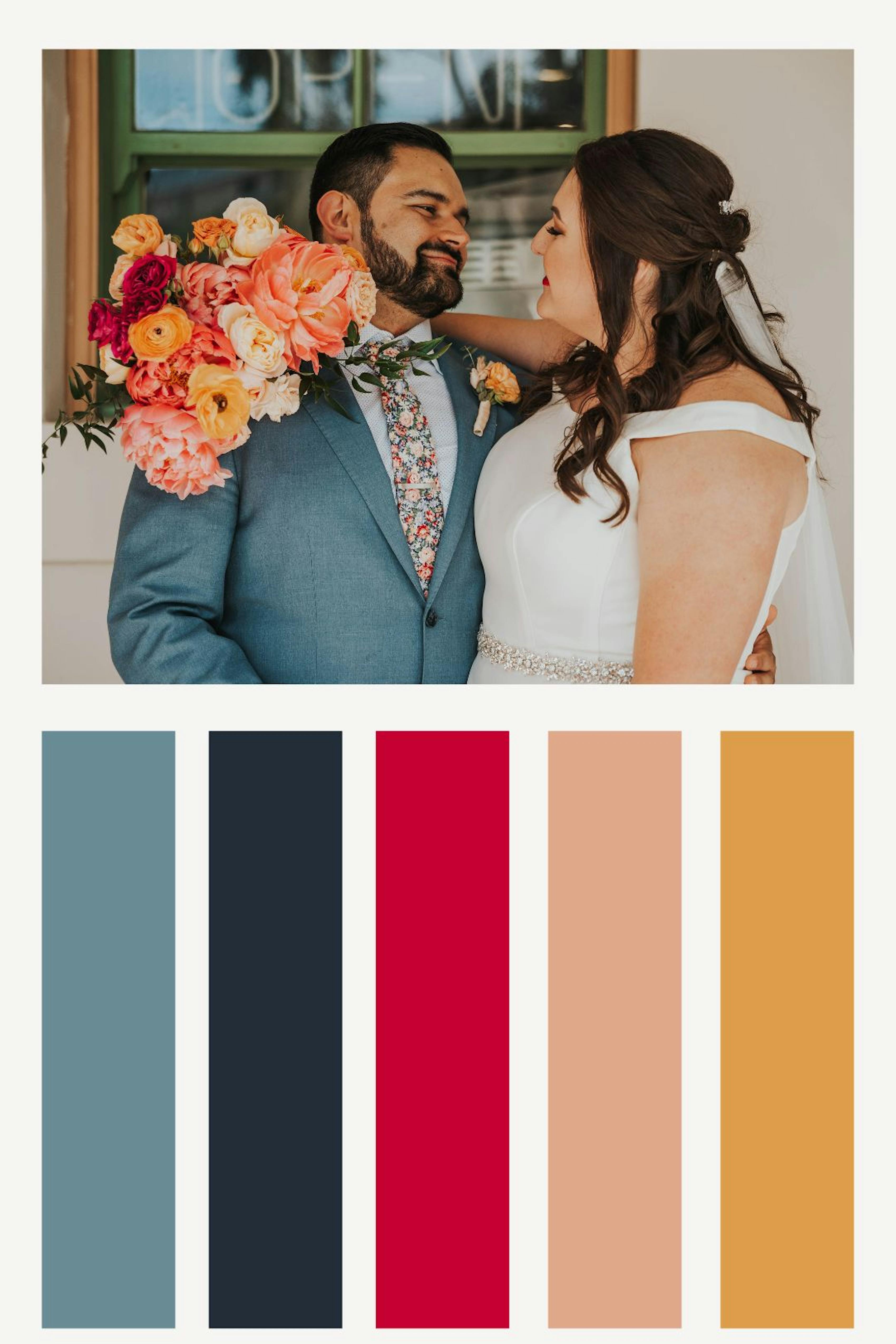 Wedding inspiration color palette for 2023 featuring light blue-gray, navy blue, magenta, light peach, and honey gold.
