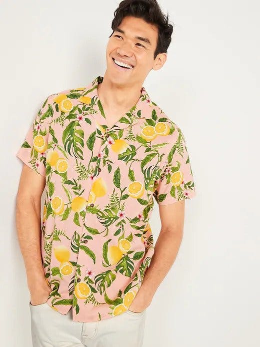 Men's fruit pattern shirt for Harry Styles concert outfit idea.