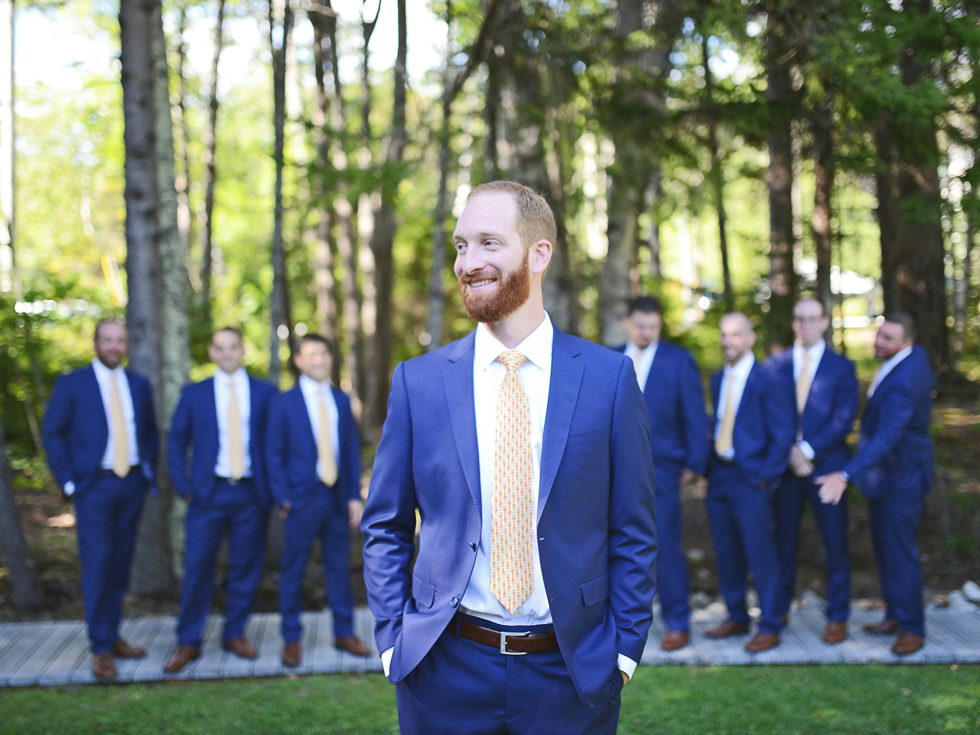 Blue suits for groomsmen short bridesmaids dresses