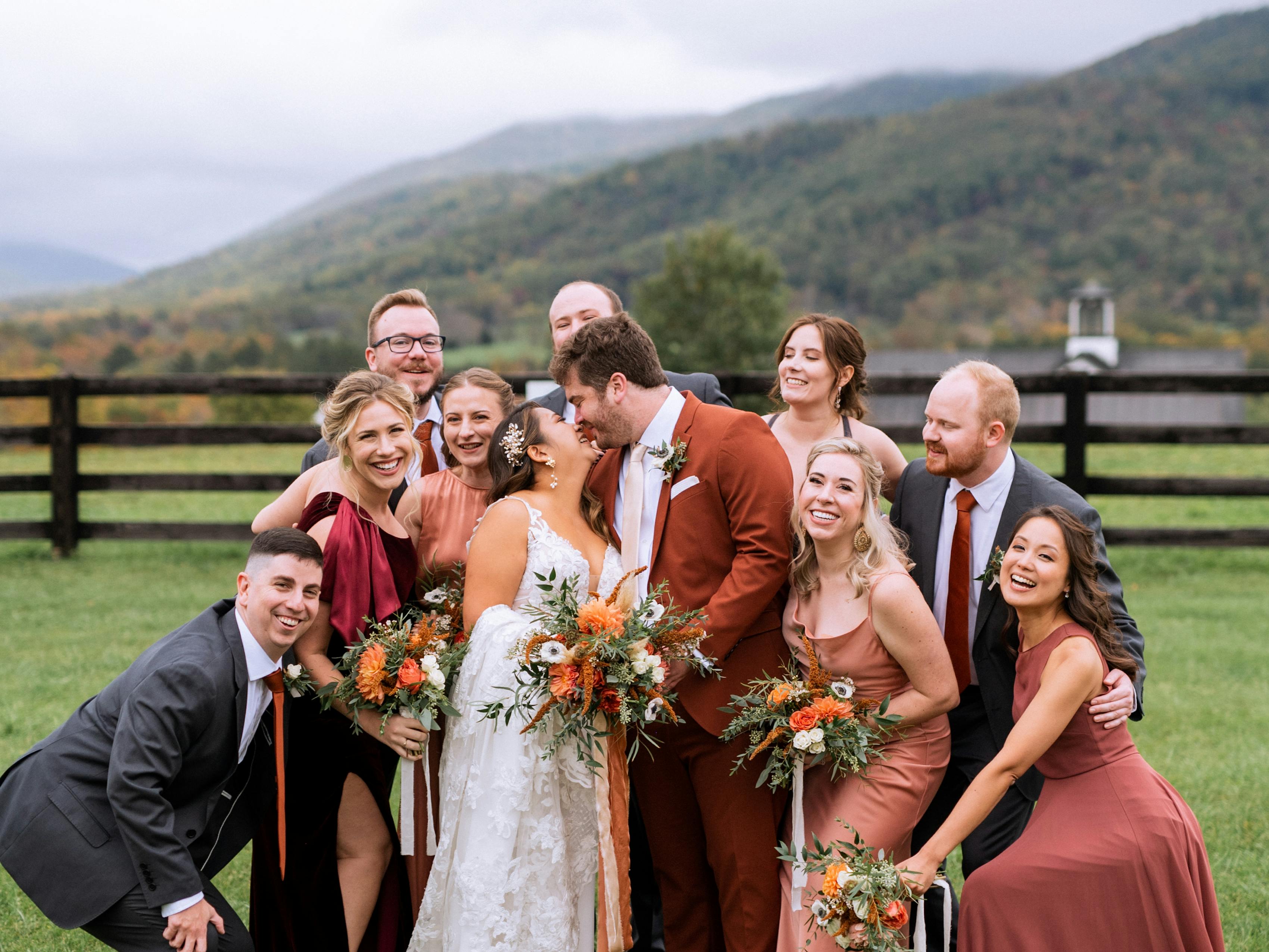 orange mix matched wedding party