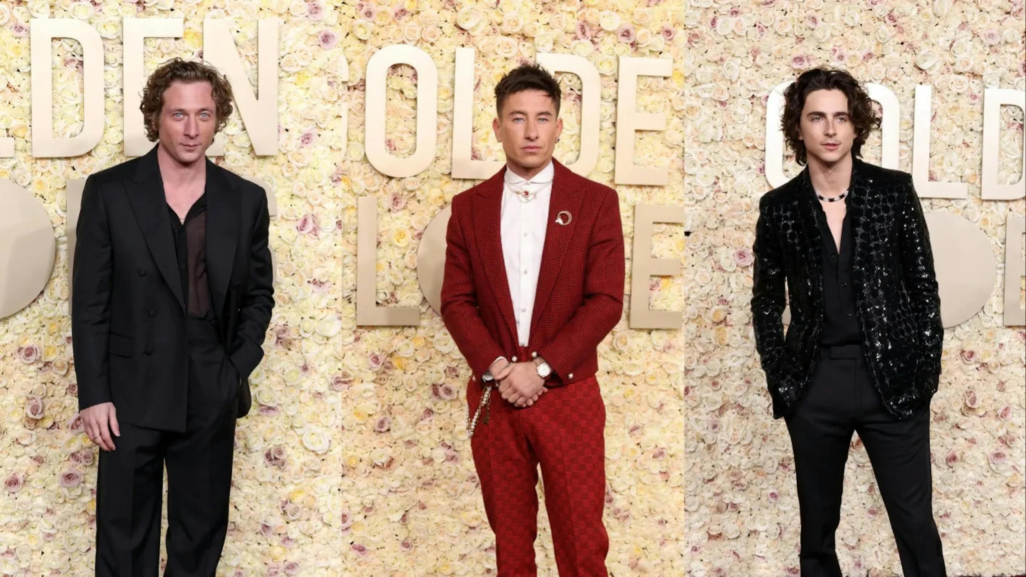 Jeremy Allen White, Barry Keoghan, and Timothée Chalamet best dressed suits and tuxedos in red and black on the red carpet for the 2024 Golden Globes.