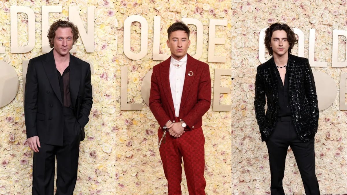 Jeremy Allen White, Barry Keoghan, and Timothée Chalamet best dressed suits and tuxedos in red and black on the red carpet for the 2024 Golden Globes.