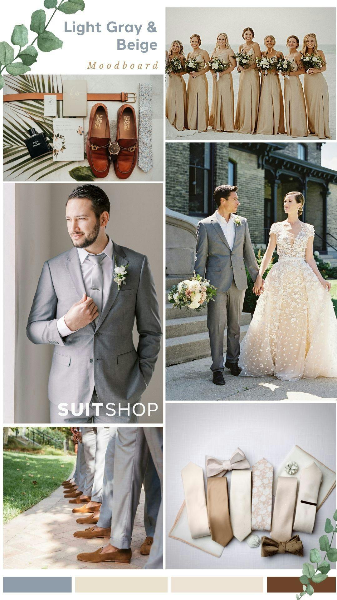 Trendy neutral wedding color mood board with champagne & beige bridesmaid dresses and ties and light gray wedding suits.