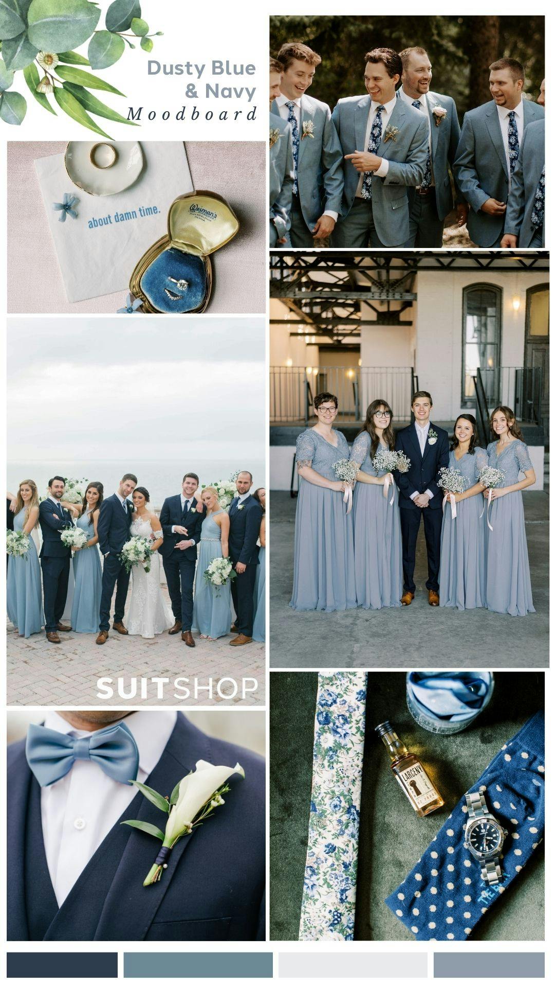 dusty blue wedding color palette with navy groomsmen suits