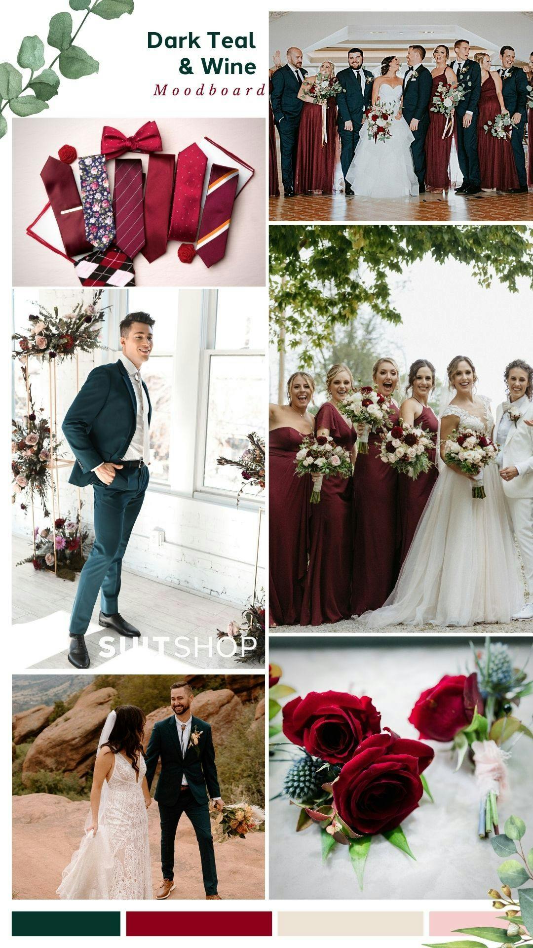 Maroon, burgundy, and wine red with blue, green, and teal unique wedding colors for fall mood board of wedding suits and bridesmaids dresses.