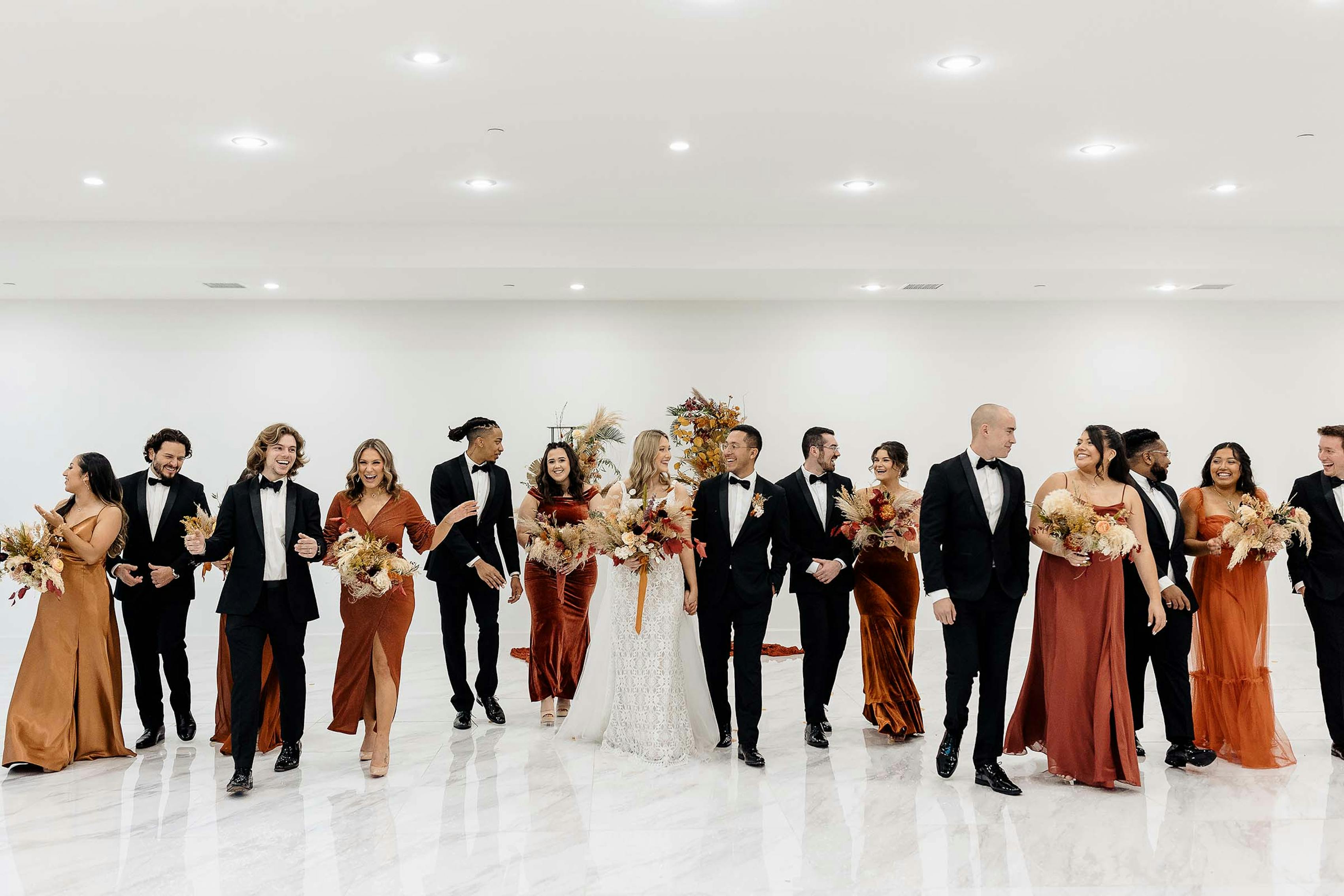 fall black tie wedding party