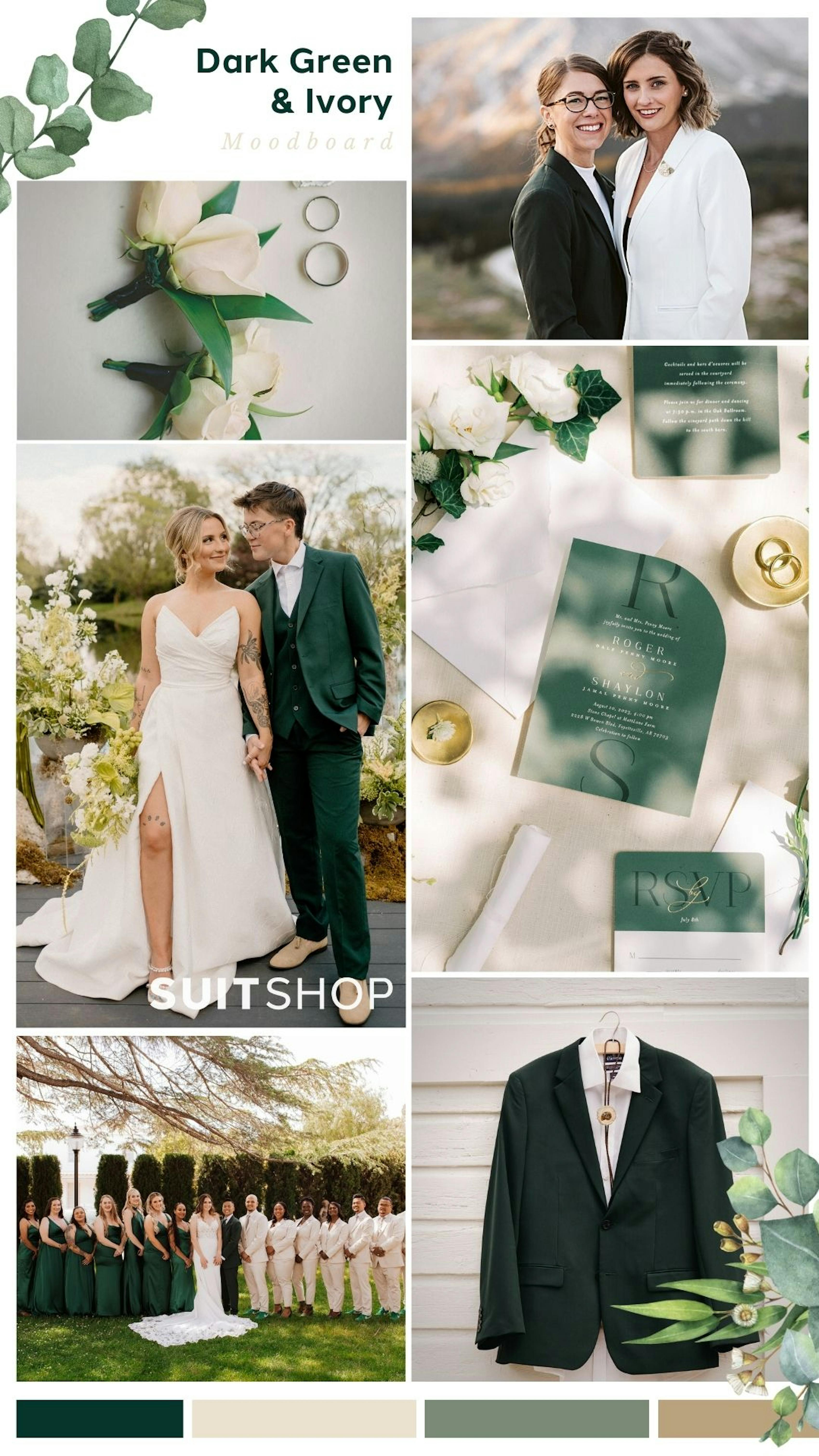 Modern wedding mood board with green and ivory wedding party attire, dark green suits, white bridal tuxedo, tan suits for groomsmen, and neutral wedding flowers.