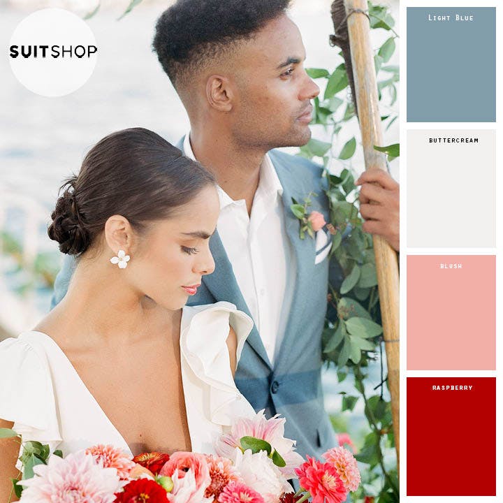 dusty blue and pink wedding party attire