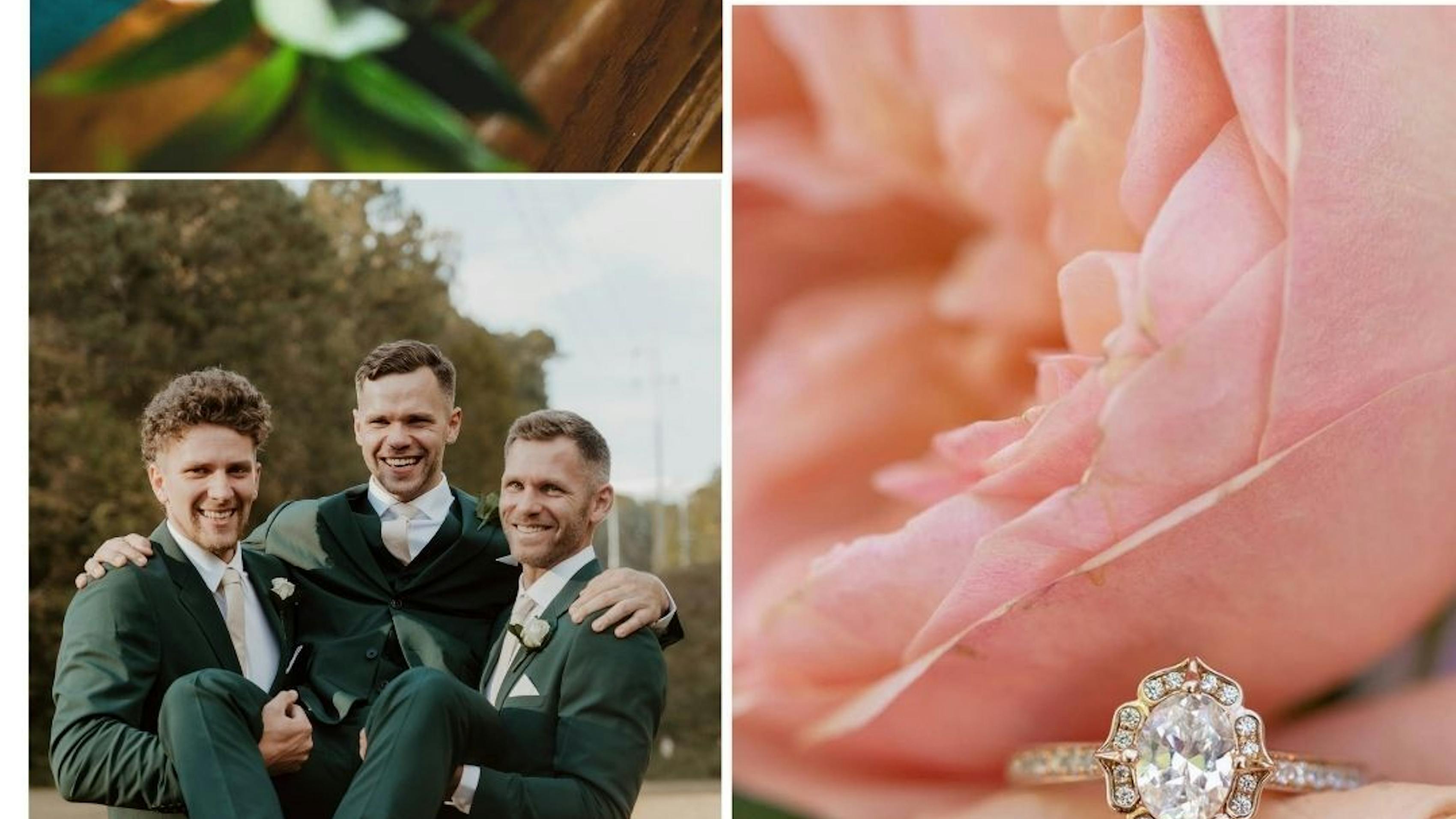Mood board of dark green and blush color palette for spring 2023 weddings featuring bridesmaid suits and groomsman suits.