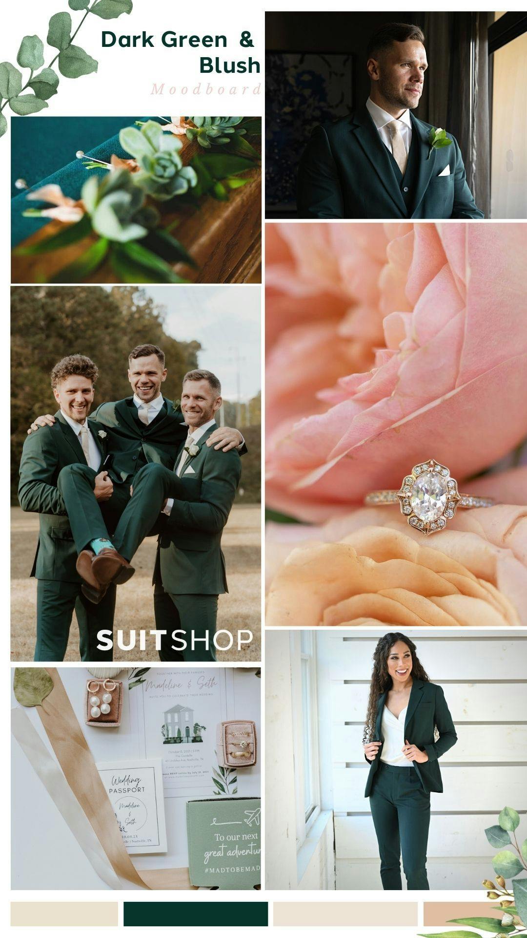 Wedding planning inspo collage with engagement ring, wedding invitations, women's suits, and groomsman outfit in dark green and blush.