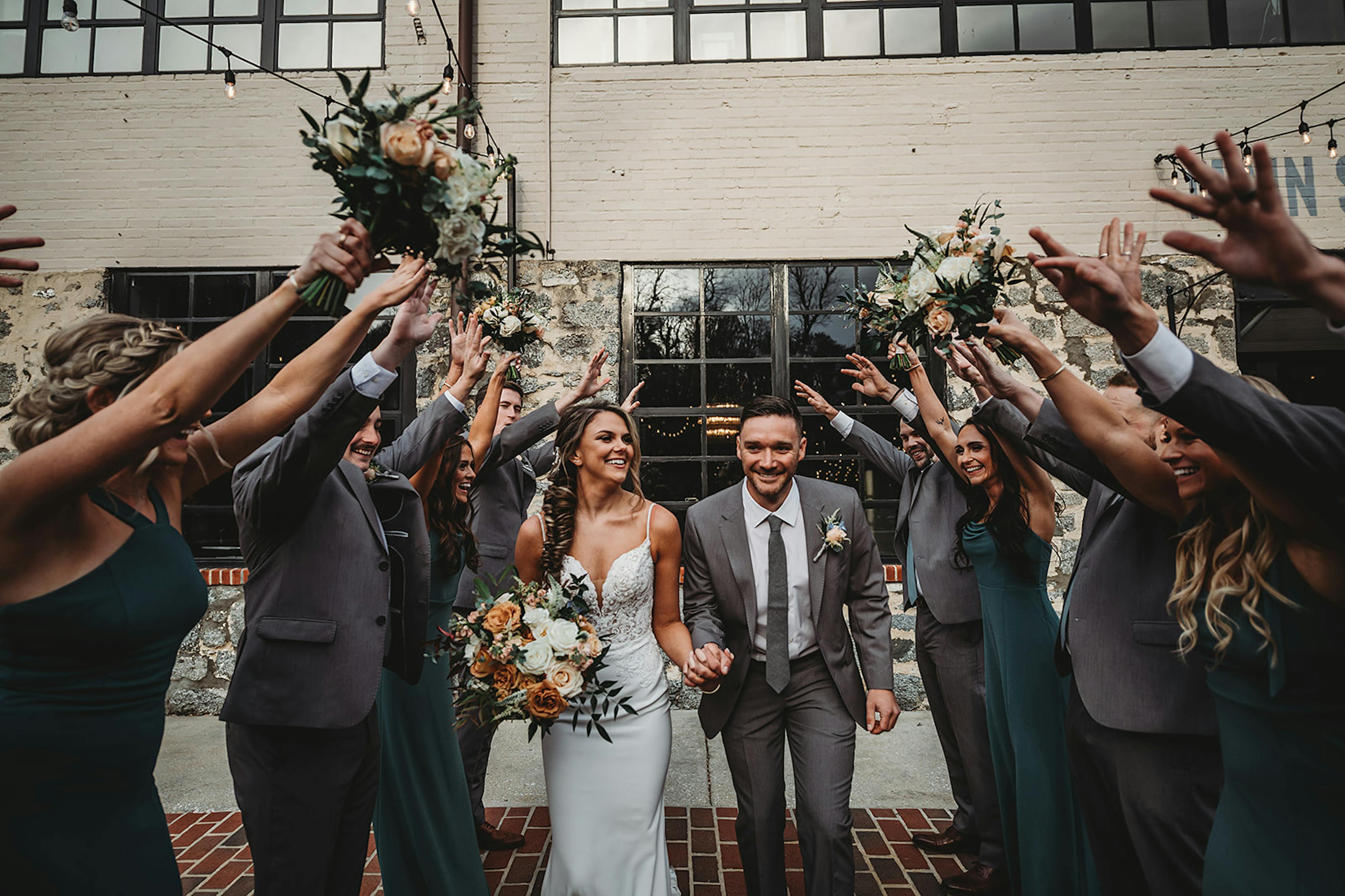 grey and green wedding party looks