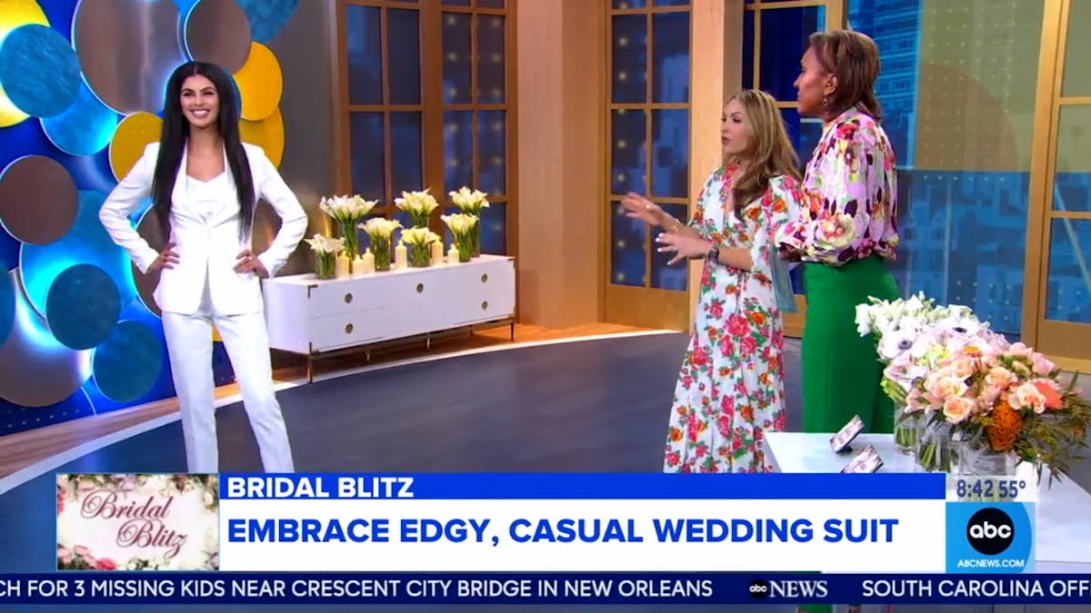 SuiShop's White Tuxedo on Good Morning America's Bridal Blitz Segment. Edgy, casual wedding suit.