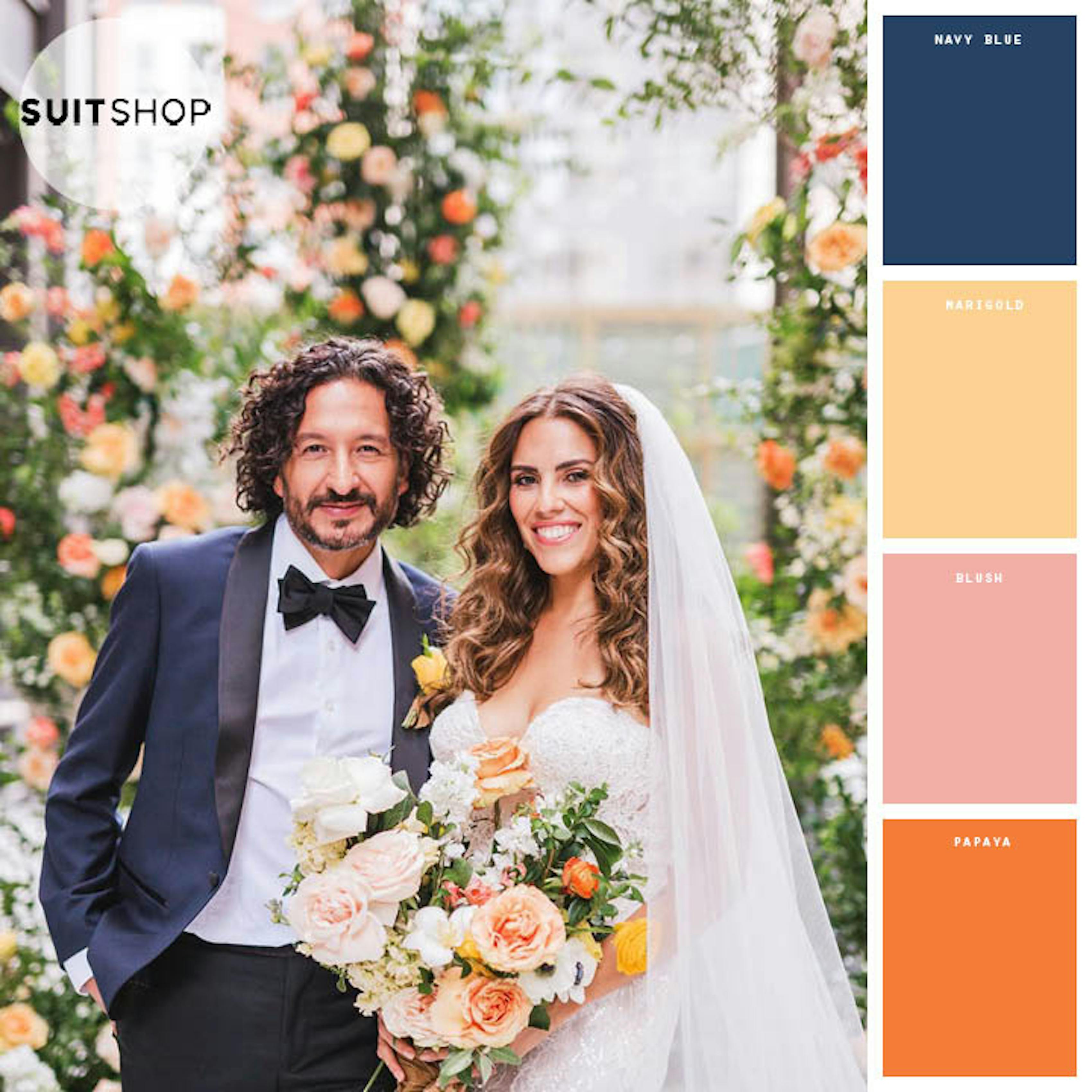 navy blue tuxedo and marigold wedding colors