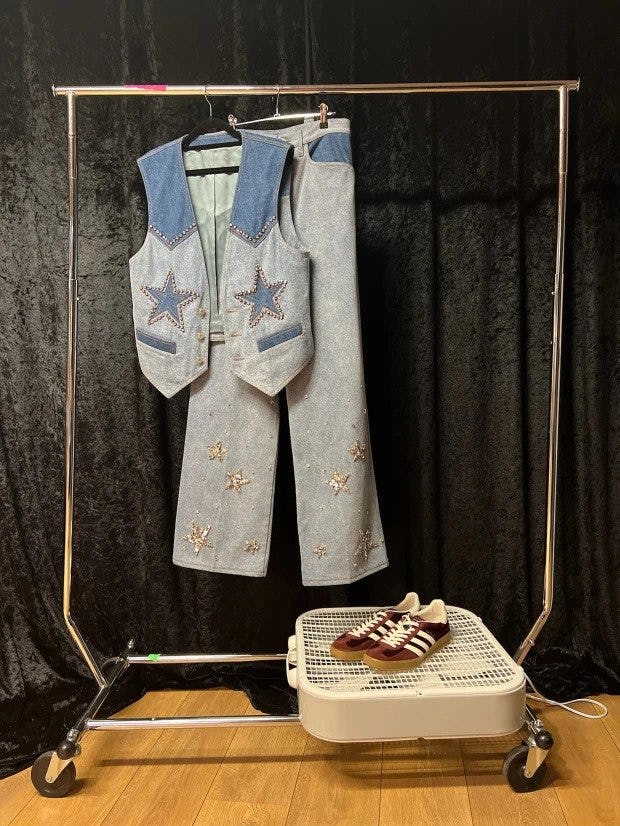 Harry Styles custom Gucci coordinating denim stars Western tailored set for Love on Tour performance.