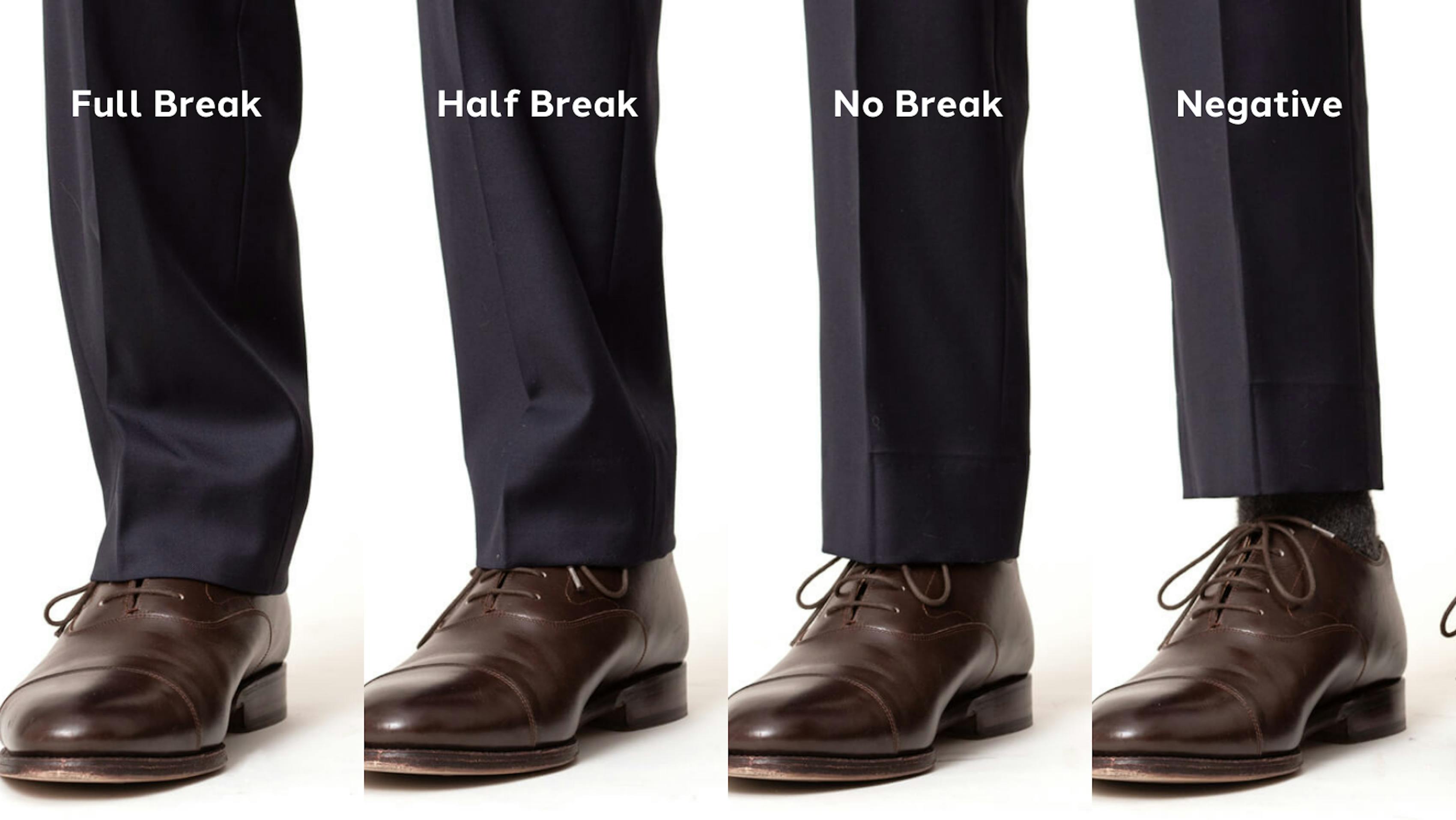 Full Pant Break, Half Pant Break, No Pant Break, Negative Pant Break