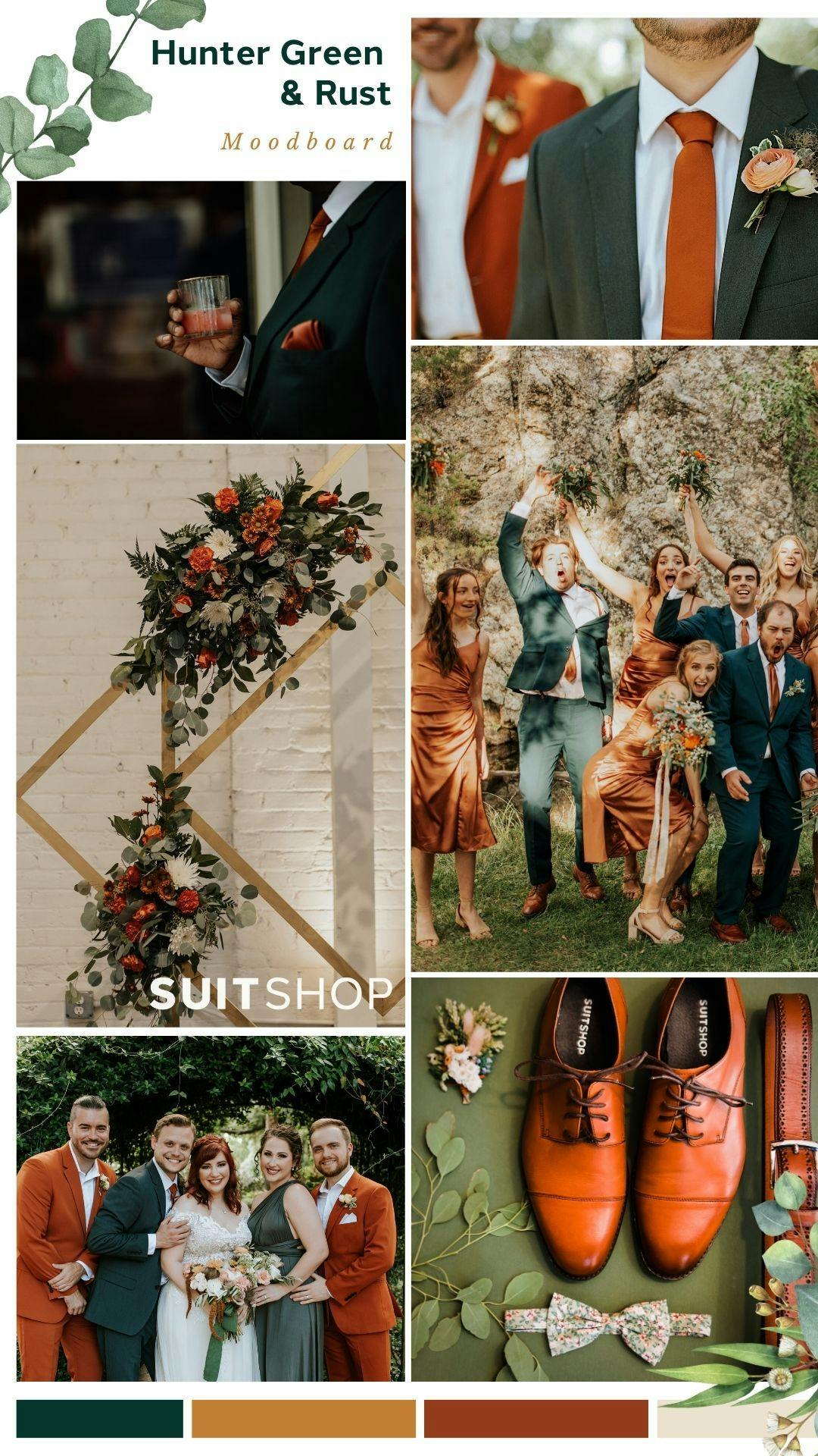 Dark hunter green and rust dark burnt orange wedding colors photo montage with autumn flower arrangements.