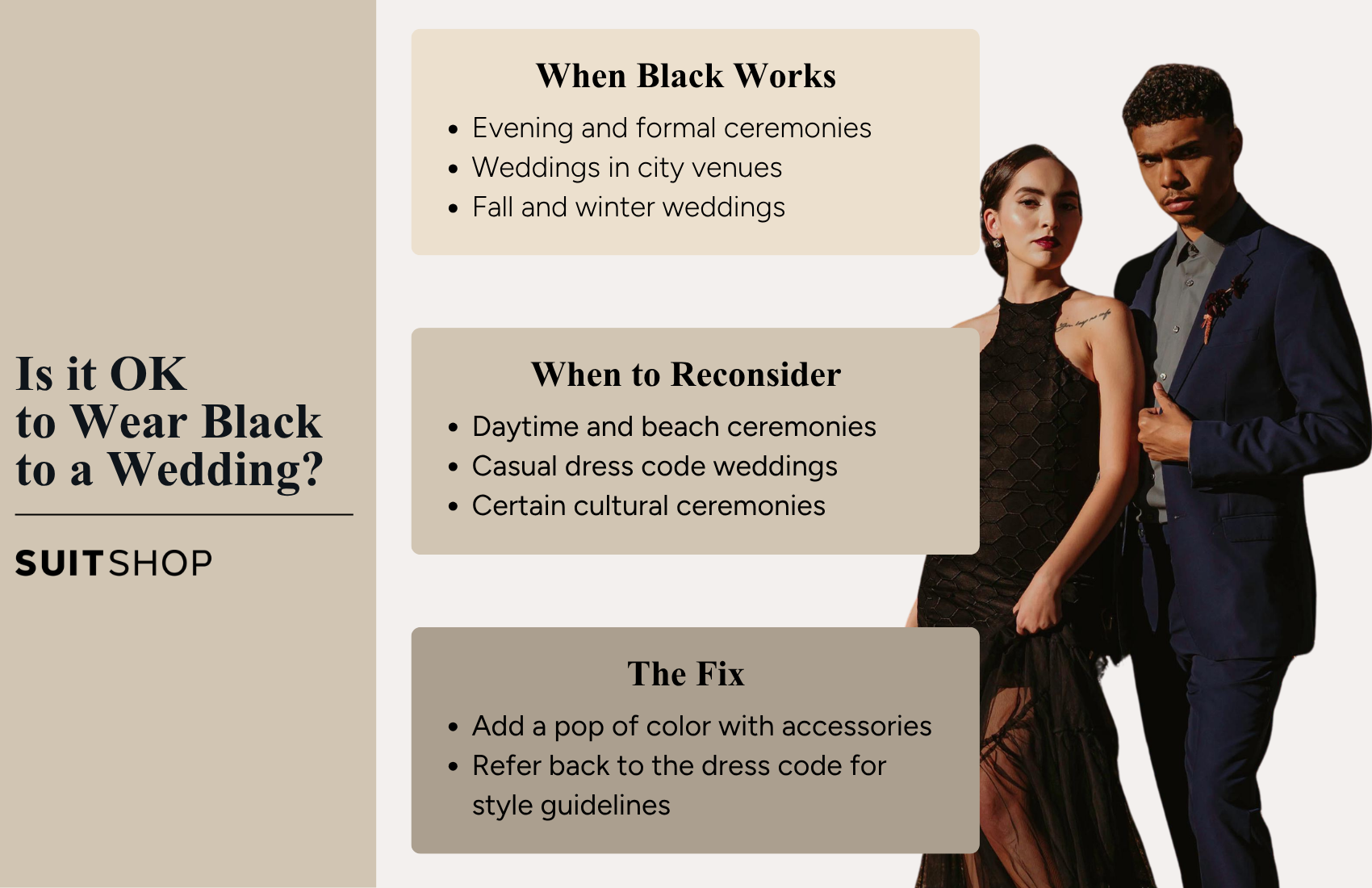 SuitShop infographic explaining when wearing black to a wedding works, when to reconsider it, and styling tips for black wedding attire.