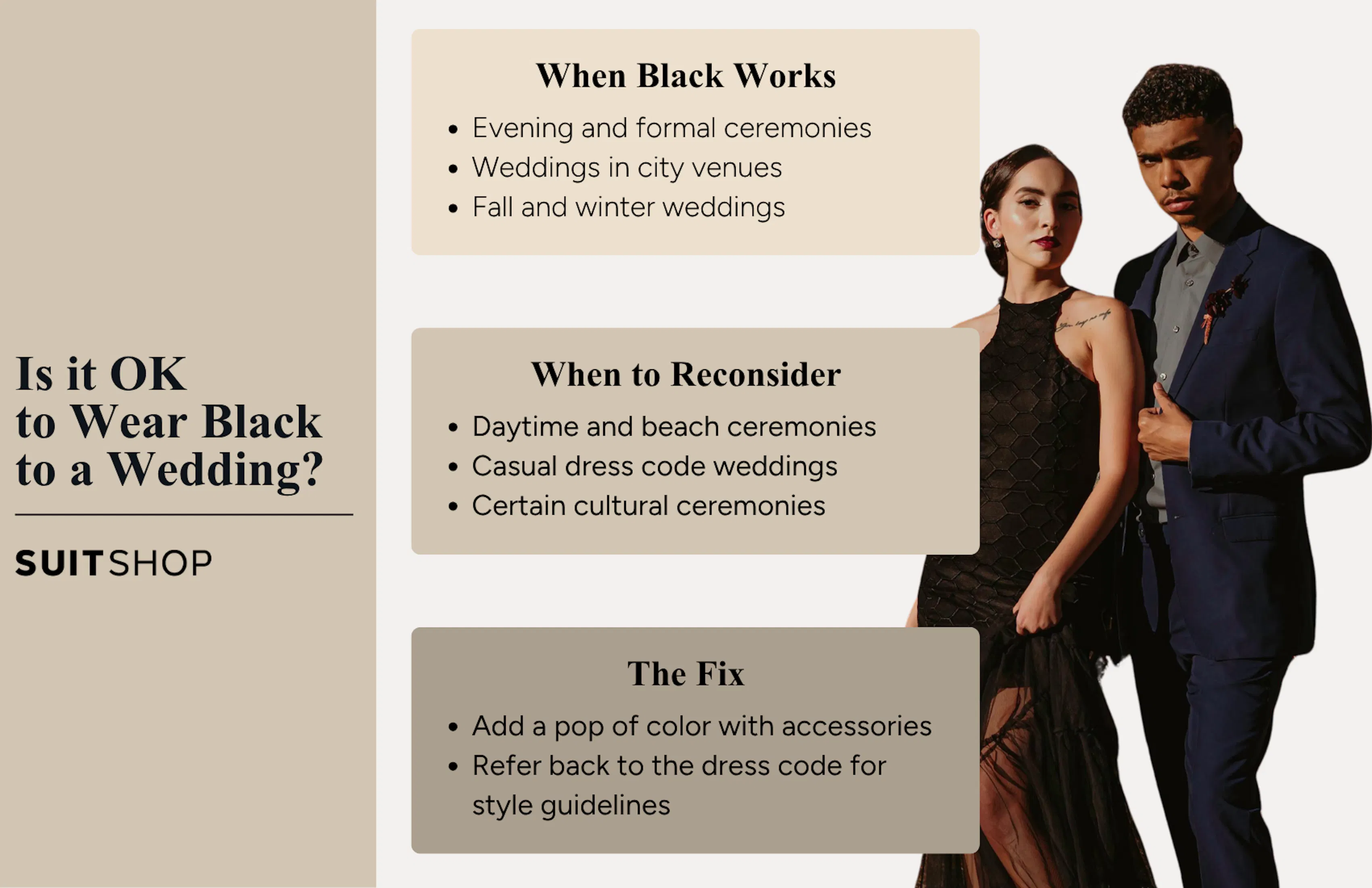 SuitShop infographic explaining when wearing black to a wedding works, when to reconsider it, and styling tips for black wedding attire.