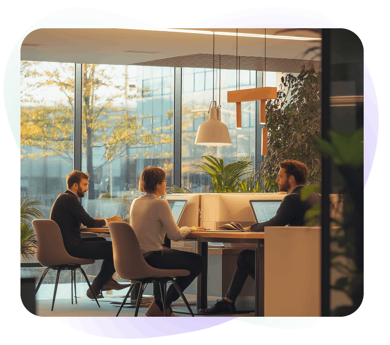 A clean workspace with people at desks