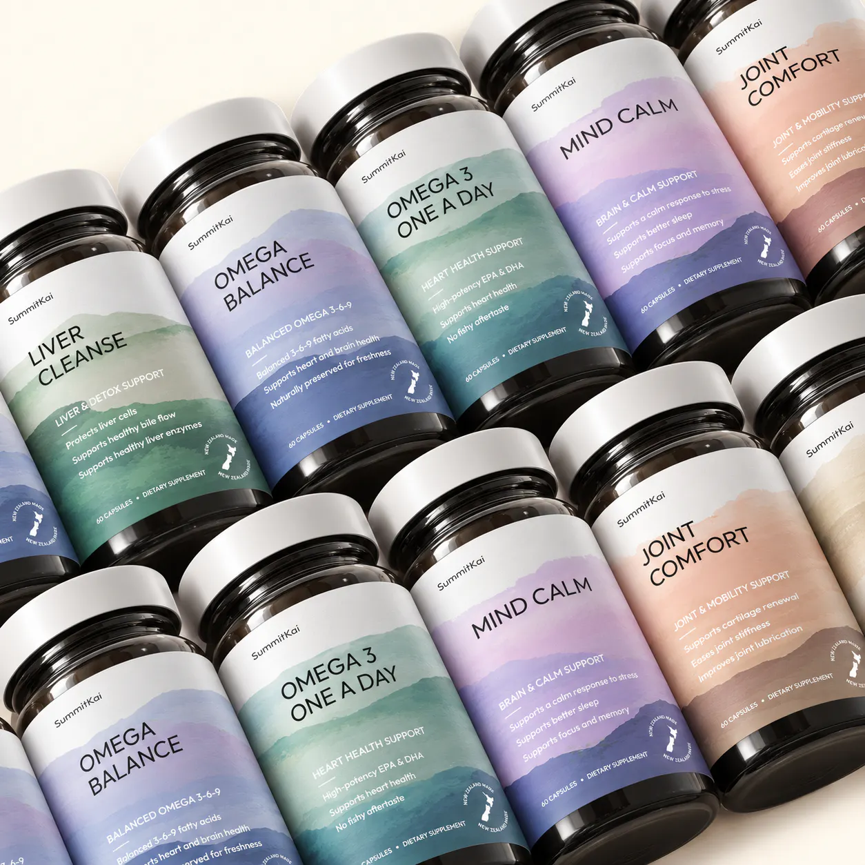 Rows of SummitKai supplement bottles