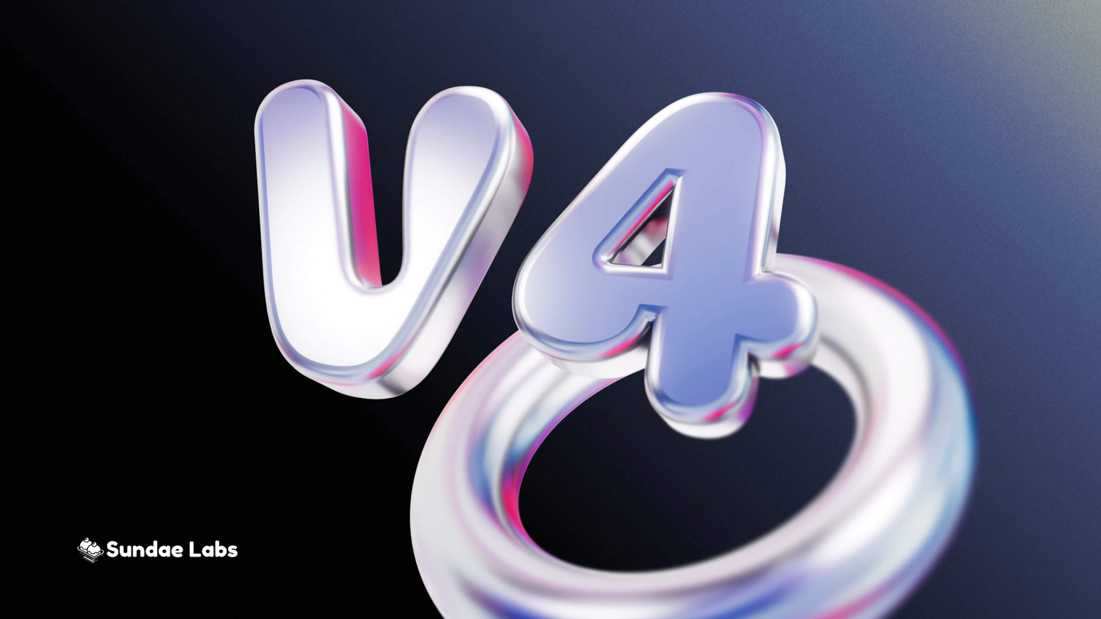 Sundae Labs v4 logo – metallic 3D “v4” and rings on a dark background