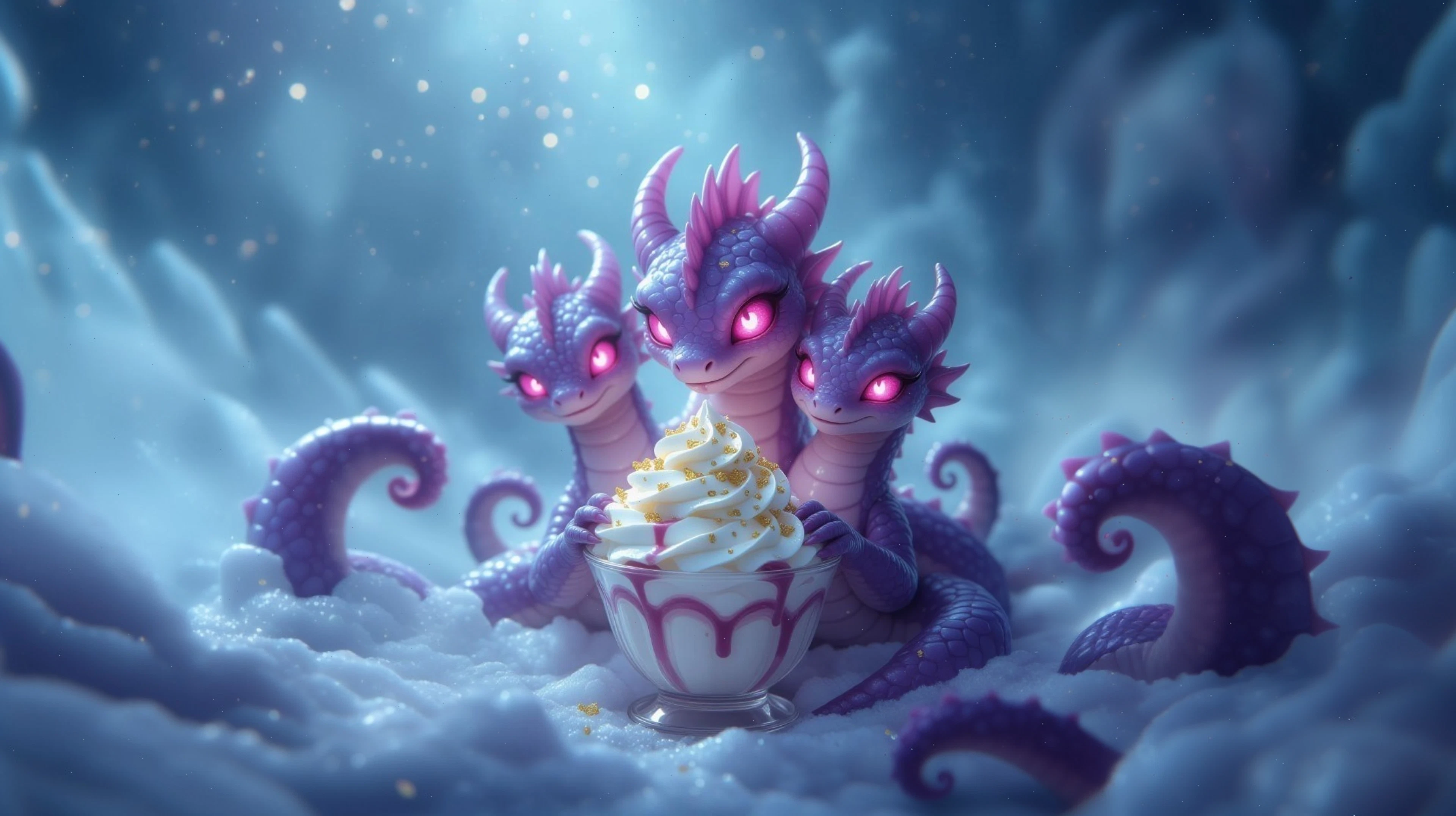 A whimsical digital illustration of a cute, purple multi-headed hydra creature with glowing pink eyes, coiled tentacles, and dragon-like features, happily holding a glass bowl of ice cream sundae topped with whipped cream, gold sprinkles, and pink drizzle, set against a dreamy cloudy landscape with soft blue tones and sparkling particles.