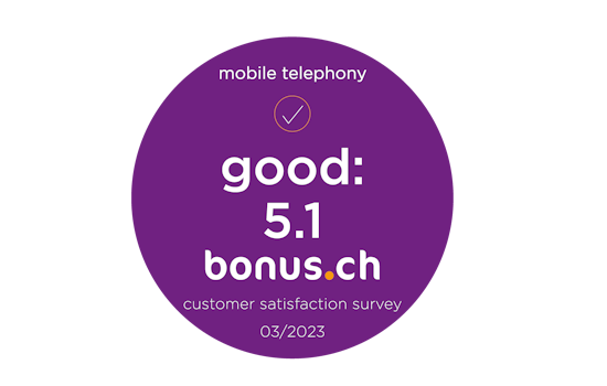 Bonus.ch Customer Satisfaction Survey award 2023 rating Mobile Telephony as "Good: 5.1"