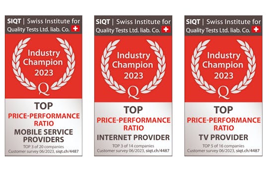 SIQT awards as Industry Champion 2023 for Top Price-Performance Ratio as Mobile Provider, Internet Provider and TV Provider