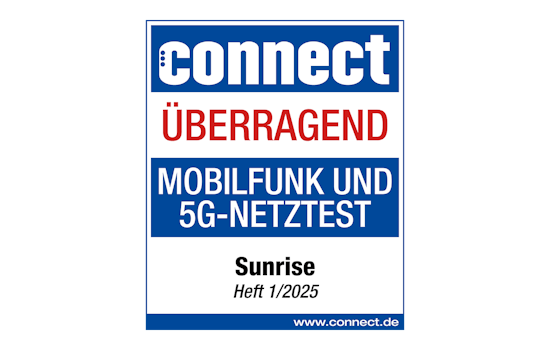 Siegel des Connect Mobilfunk- und 5G-Netztests Nr. 1, 2025: Sunrise, überragend
