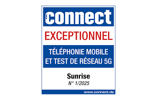 Sceau Connect du test de téléphonie mobile et du réseau 5G n°1, 2025: Sunrise, exceptionnel