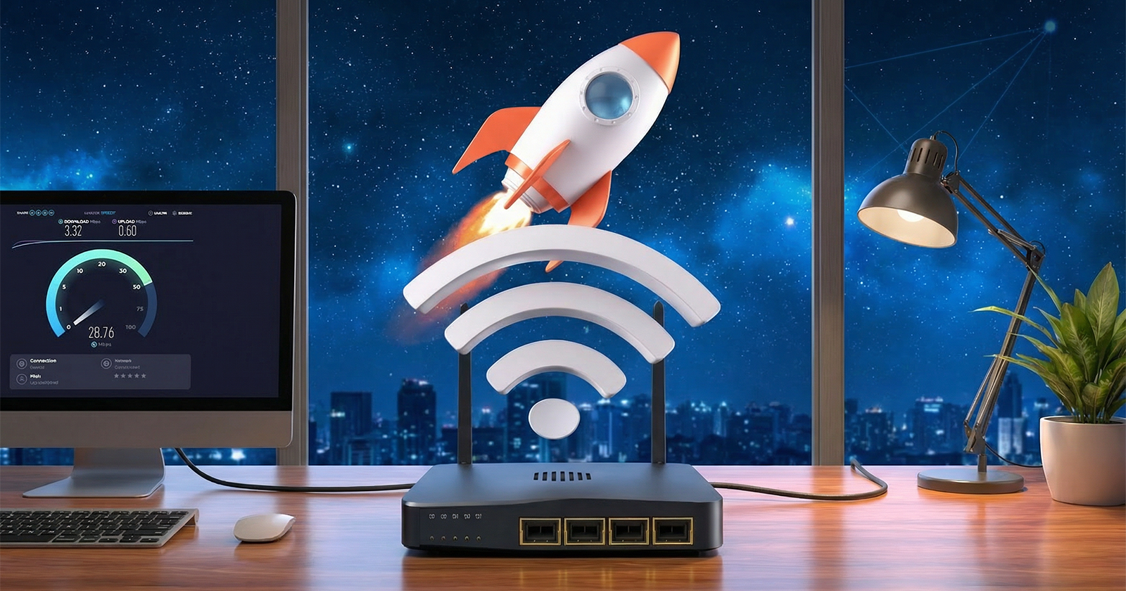 Router with a Wi-Fi symbol and rocket launching, representing fast internet speed.