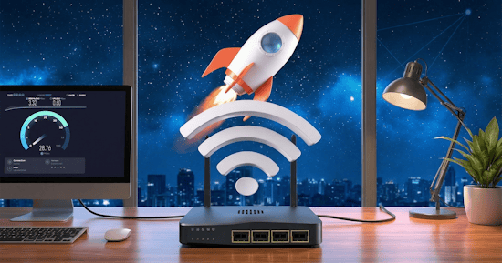 Router with a Wi-Fi symbol and rocket launching, representing fast internet speed.