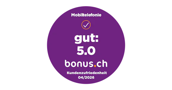 Bonus.ch Siegel: Kundenzufriedenheit Mobiltelefonie gut: 5.0, 04/2026