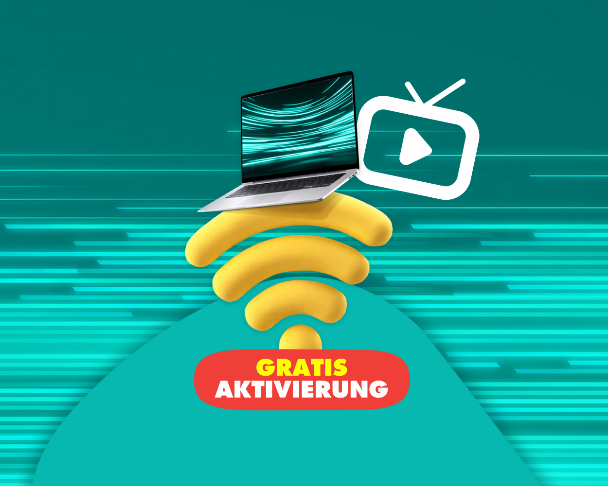Illustration eines Laptops mit WLAN‑ und TV‑Symbol