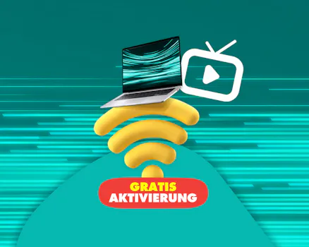 Illustration eines Laptops mit WLAN‑ und TV‑Symbol