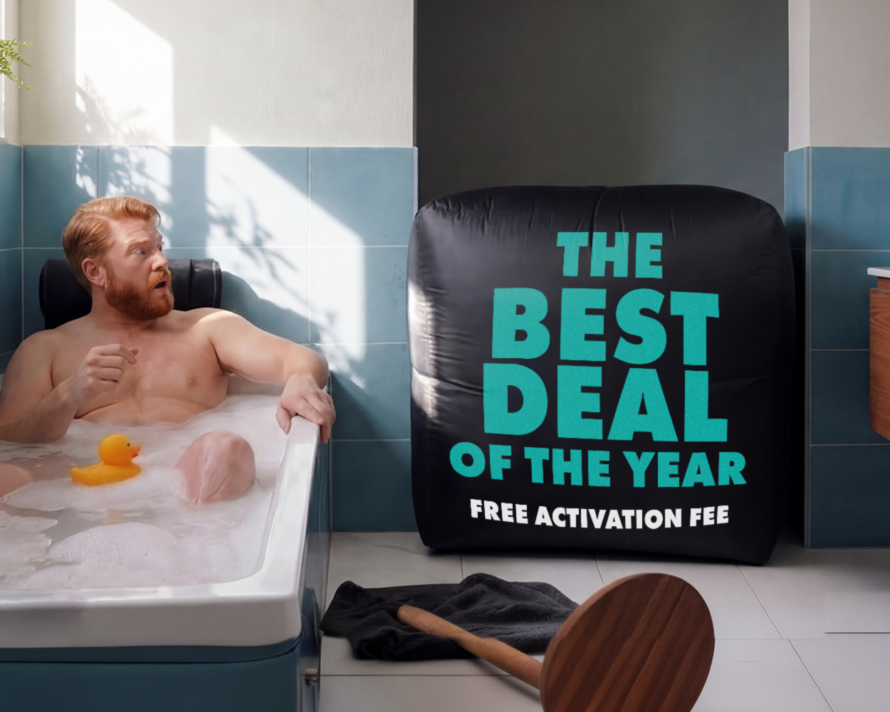 Man in bath tub looks at balloon with the writing "Best Deal of the Year"