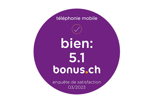 Bonus.ch Enquète de Satisfaction 2023 attribue à la téléphonie mobile la note "Bien : 5.1".