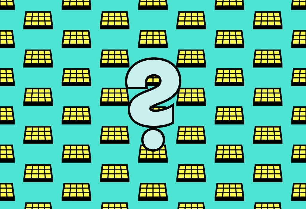 Lots of cartoon yellow solar panels in the background, a light blue question mark in the centre foreground