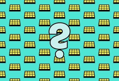 Lots of cartoon yellow solar panels in the background, a light blue question mark in the centre foreground