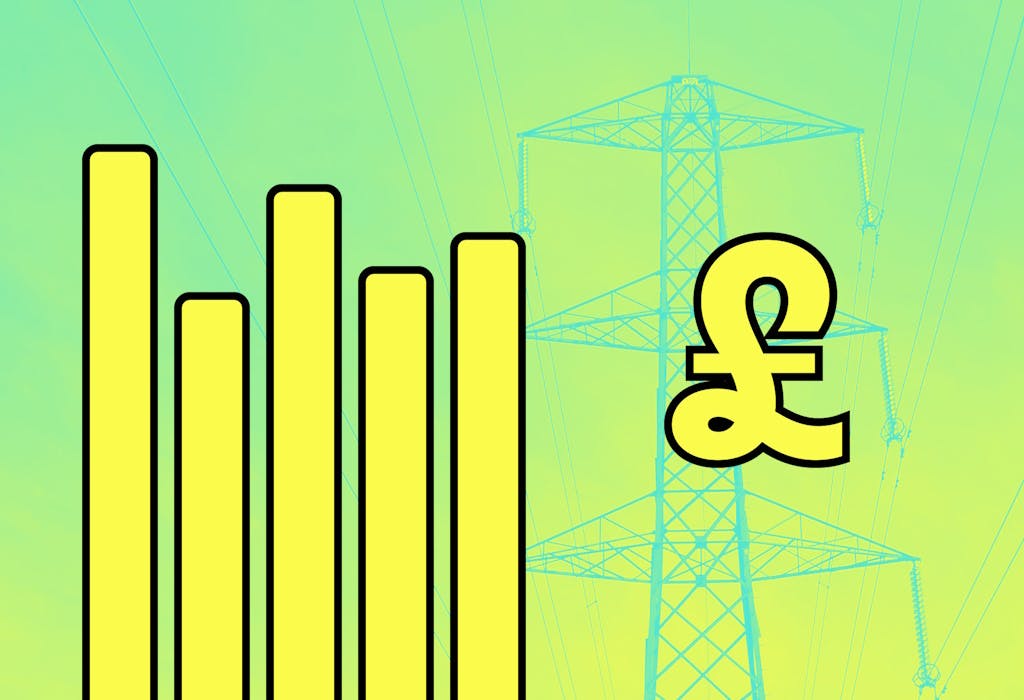 Five yellow rectangles in the style of a bar chart on the left of the image, with a yellow pound sign on the right, set against a blue-yellow background with an electricity pylon