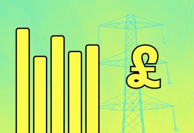 Five yellow rectangles in the style of a bar chart on the left of the image, with a yellow pound sign on the right, set against a blue-yellow background with an electricity pylon