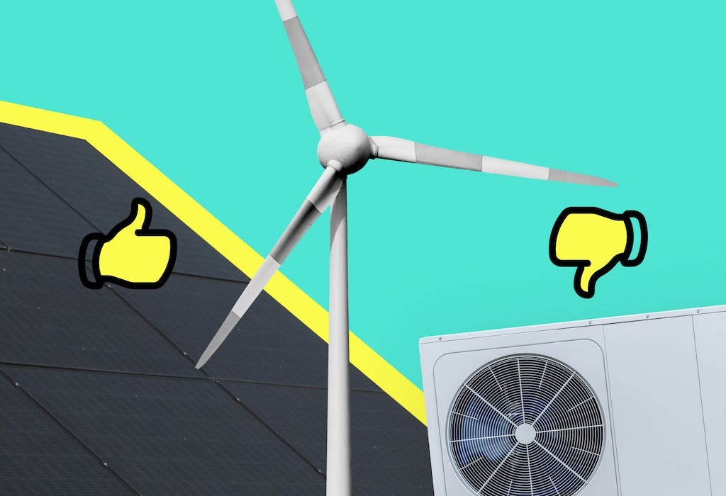 A black solar panel, a wind turbine and a heat pump, with a yellow thumbs up and a yellow thumbs down, turquoise background