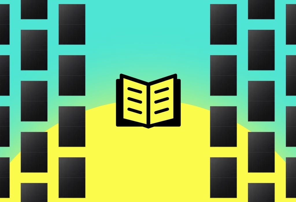 A graphic. In the centre is a yellow book outlined in black, with black rectangles down the sides in columns, against an aquamarine background with a yellow sun