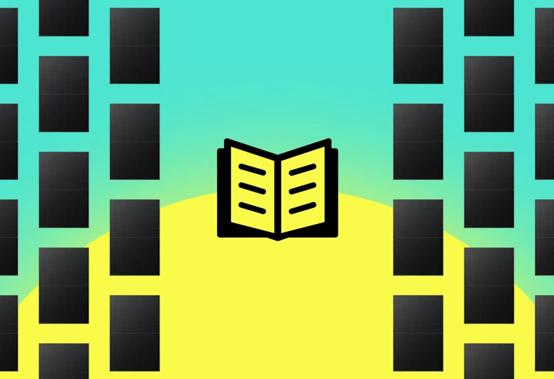 A graphic. In the centre is a yellow book outlined in black, with black rectangles down the sides in columns, against an aquamarine background with a yellow sun
