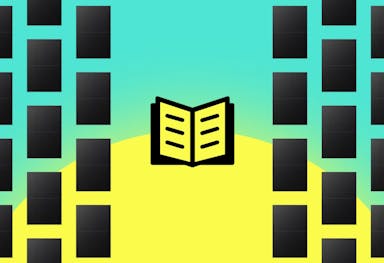 A graphic. In the centre is a yellow book outlined in black, with black rectangles down the sides in columns, against an aquamarine background with a yellow sun
