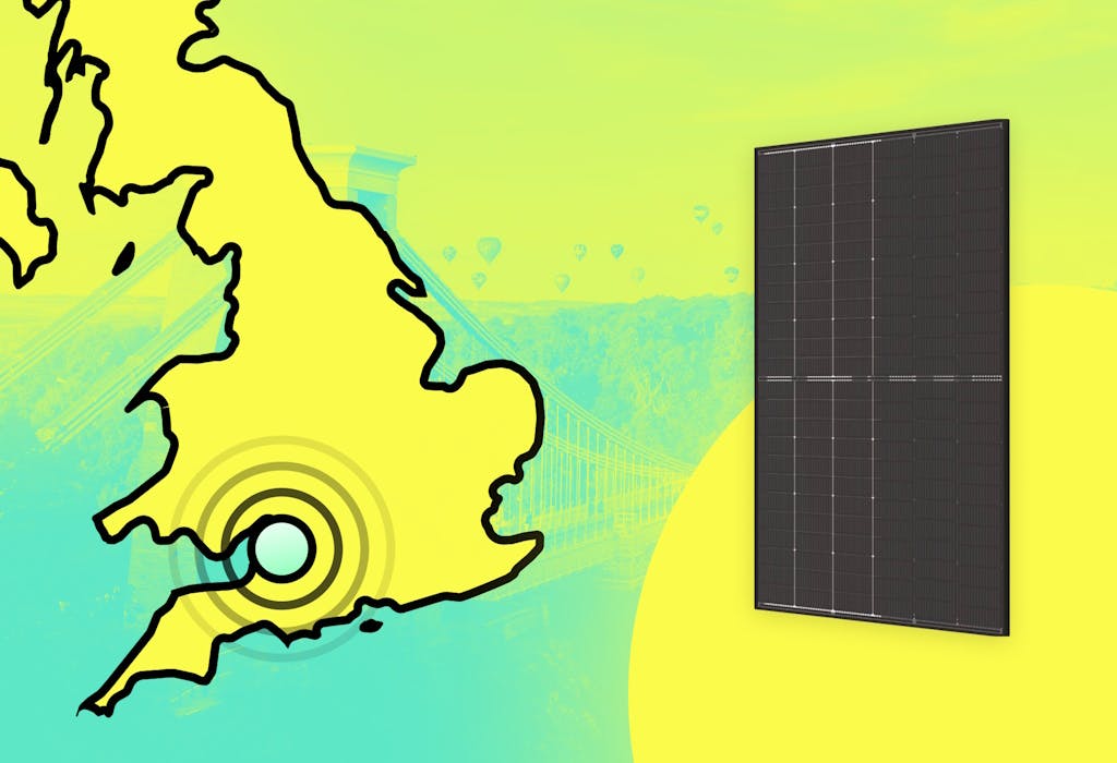 A graphic that has a cut-off map of the United Kingdom with concentric circles originating from Bristol on the left, and a photo of a black solar panel on the right. The UK is yellow and outlined in black, and the background of the image is a photo of Bristol's Clifton Suspension Bridge with hot air balloons floating around it