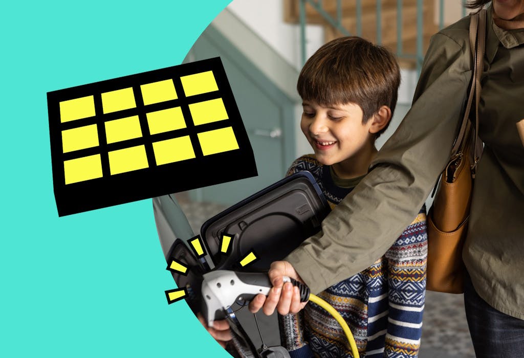 On the right, a child watching as an adult inserts an electric vehicle charger into a car, with stairs and a door in the background. On the left, a yellow and black graphic of a solar panel against an aquamarine background