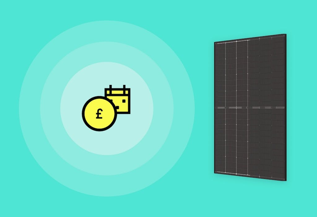 A cartoon yellow circular '£1' coin and a cartoon yellow calendar with concentric white circles around them, a black solar panel to the right of them, turquoise background