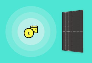 A cartoon yellow circular 'ÂŁ1' coin and a cartoon yellow calendar with concentric white circles around them, a black solar panel to the right of them, turquoise background